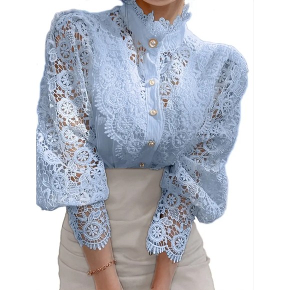 Blouse Lace Puff Sleeve Lantern Sleeve Solid Pleated  Sky Blue / XXL(14) - Picture 2 of 5